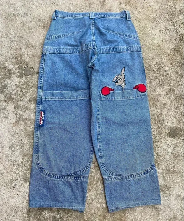 Getadme Japanese black high-waisted jeans oversized personality white cat print jeans for men and women Harajuku Y2K punk wide-leg pants