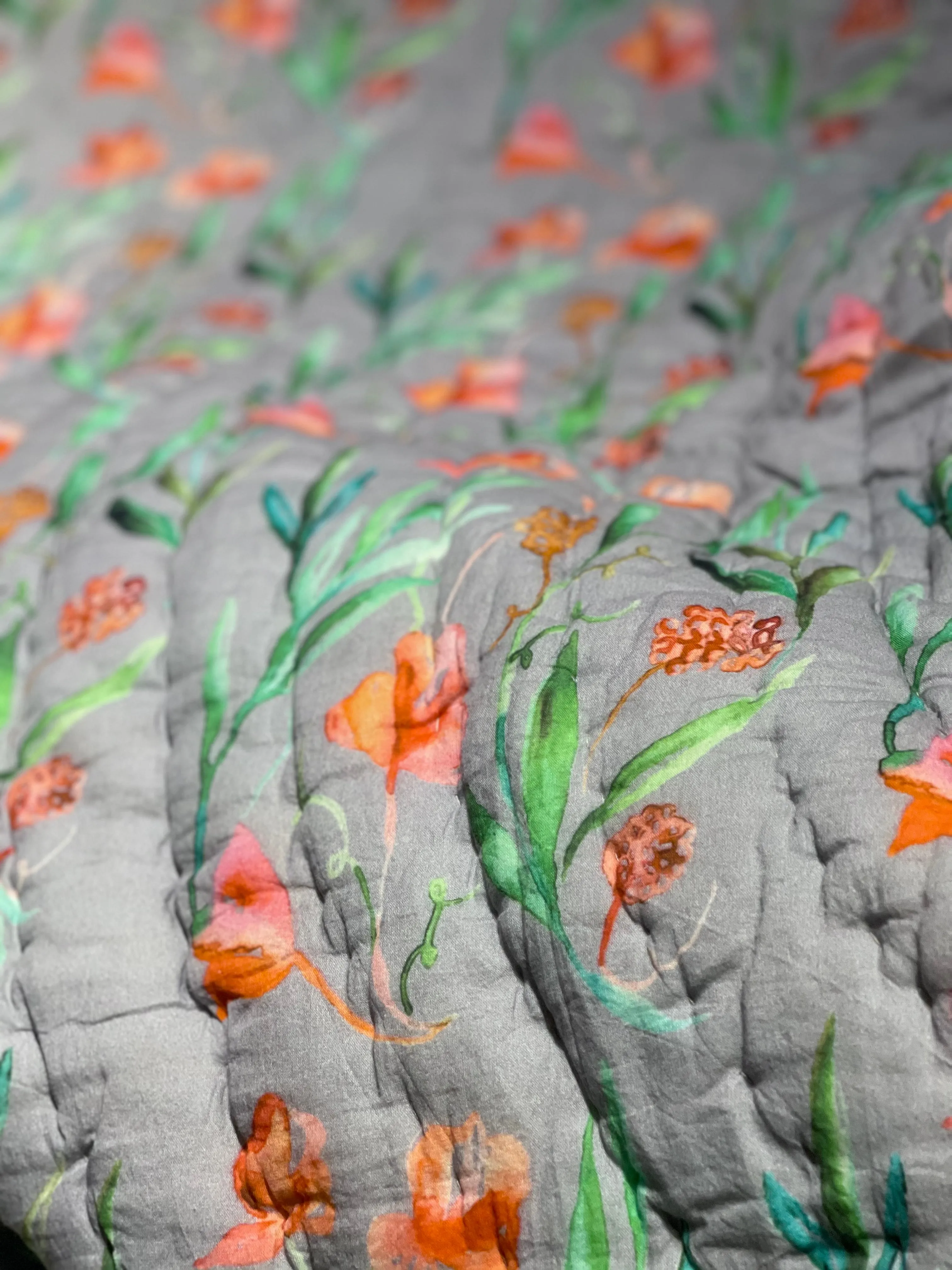 Grey and Red Tulip Garden Printed Cotton Quilt