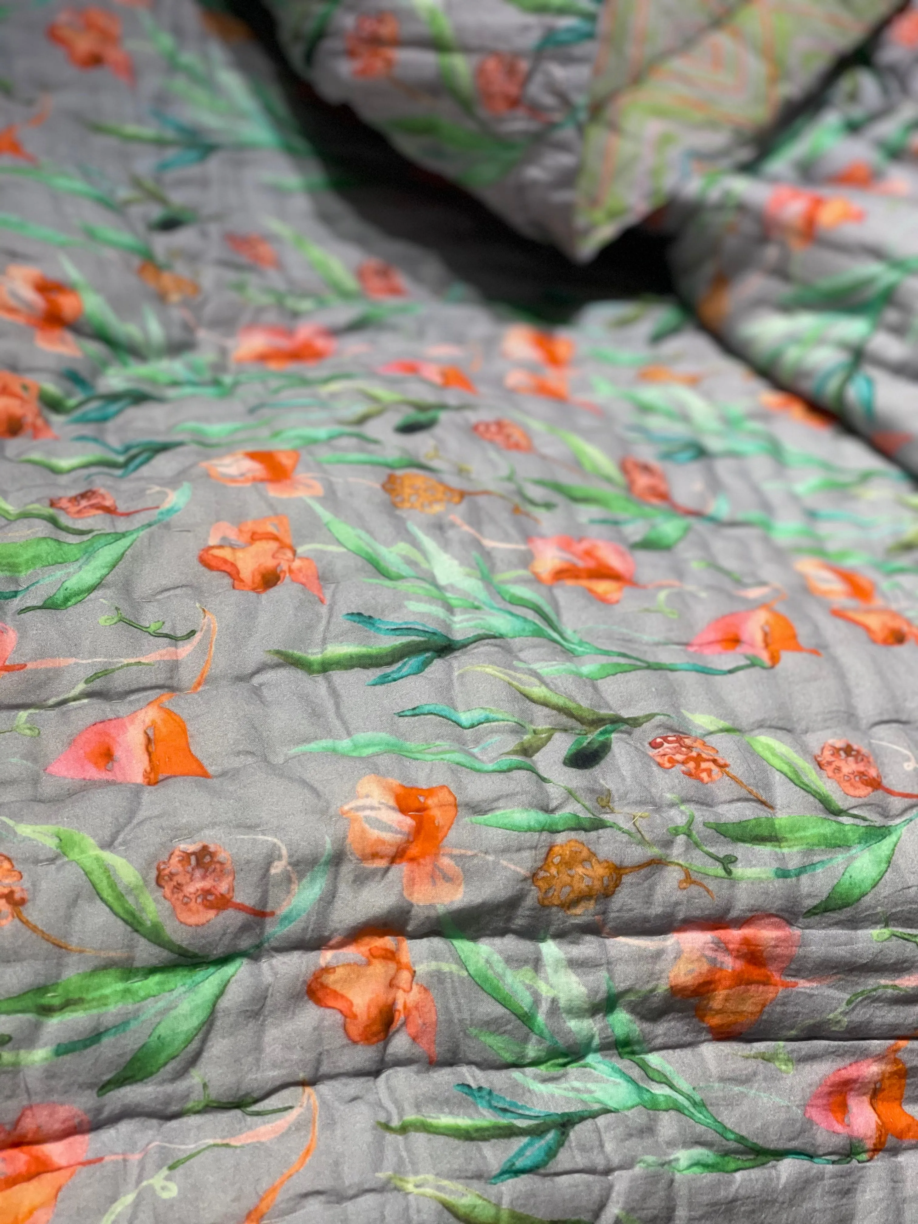 Grey and Red Tulip Garden Printed Cotton Quilt
