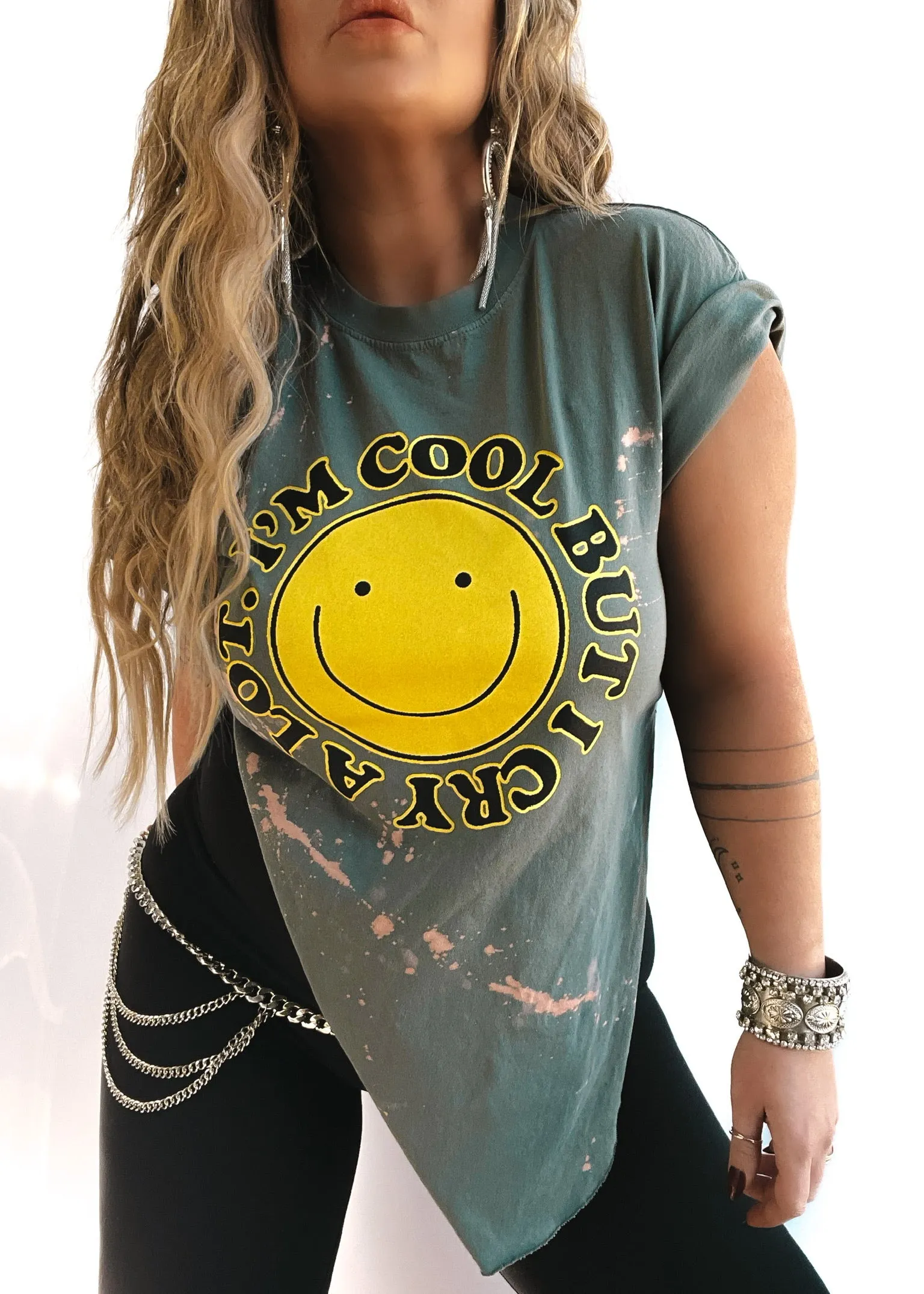 I'M COOL BUT I CRY A LOT BLEACHED OUT SIDE SLIT TEE