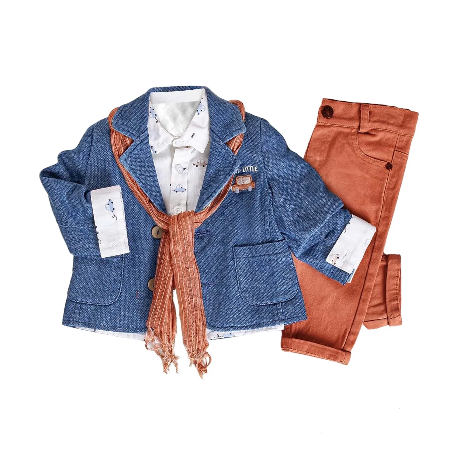 Infant and Toddler Boys' Adorable Blue Jean Jacket, Button-Up Shirt and Pants 3-Piece Set