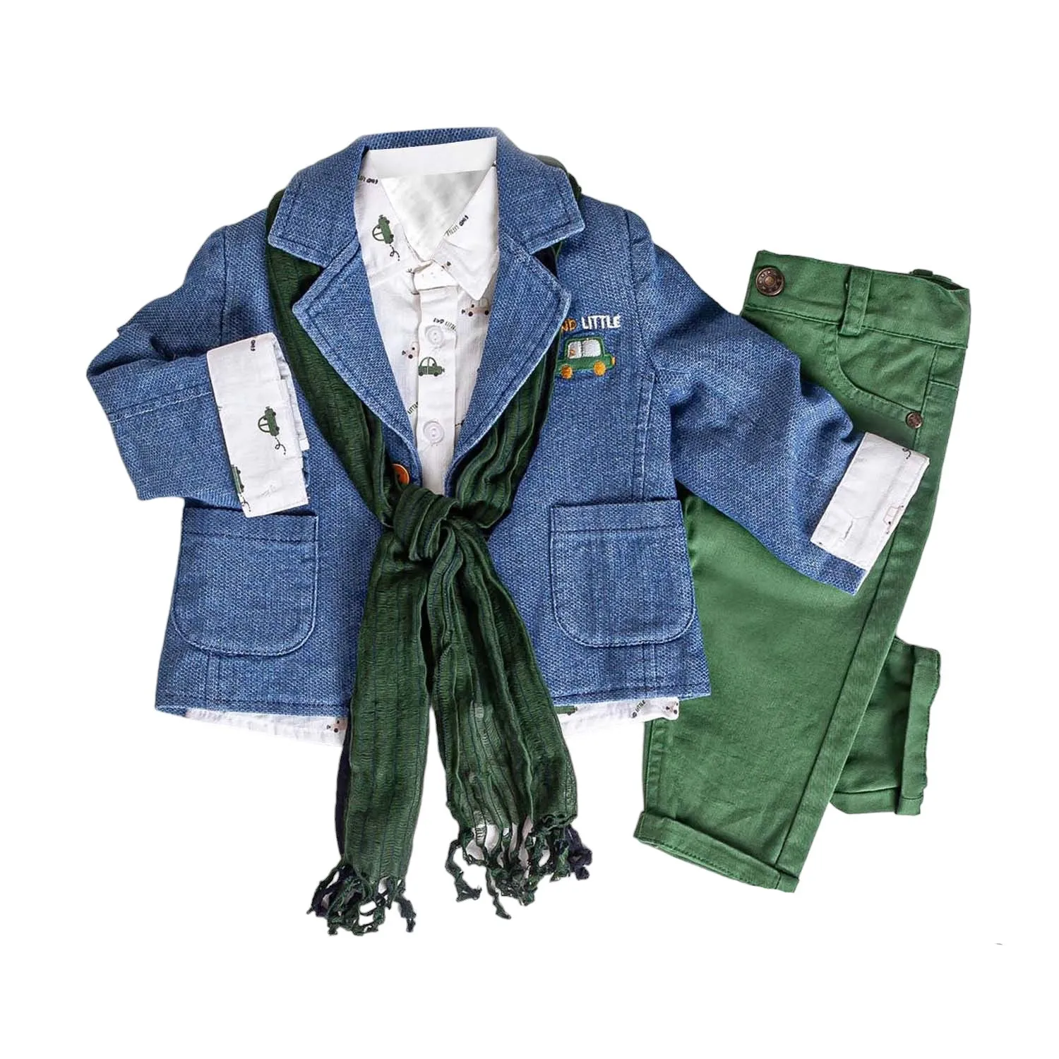 Infant and Toddler Boys' Adorable Blue Jean Jacket, Button-Up Shirt and Pants 3-Piece Set