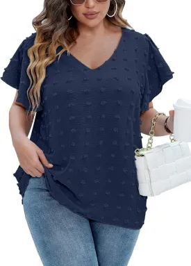 IN'VOLAND Womens Plus Size White Blouse Dressy V Neck Cute Ruffle Sleeve Summer Tops Flowy Pom Pom Tshirts