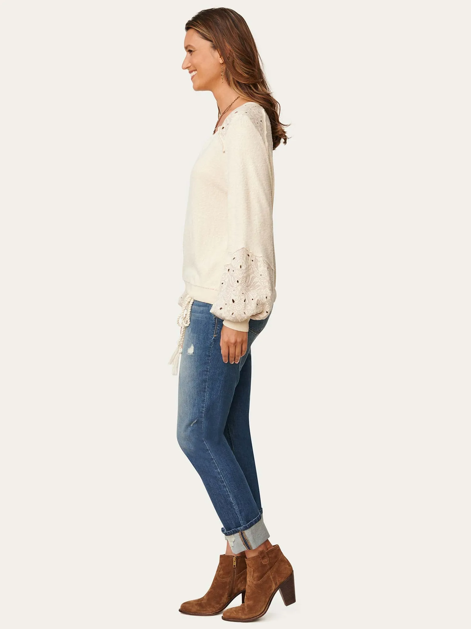 Long Blouson Sleeve Die Cut Embroidered Soft Sweatshirt