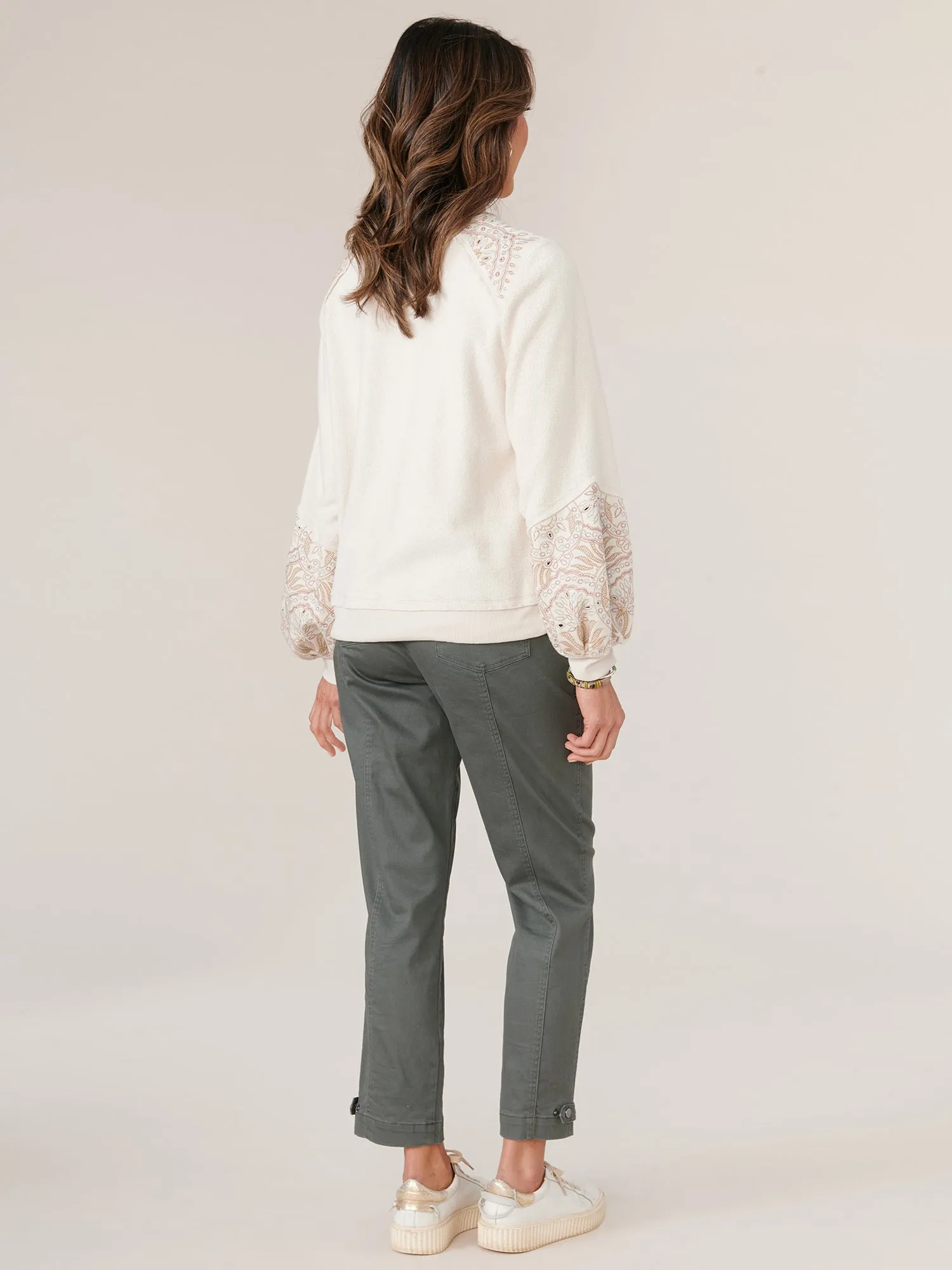 Long Blouson Sleeve Die Cut Embroidered Soft Sweatshirt