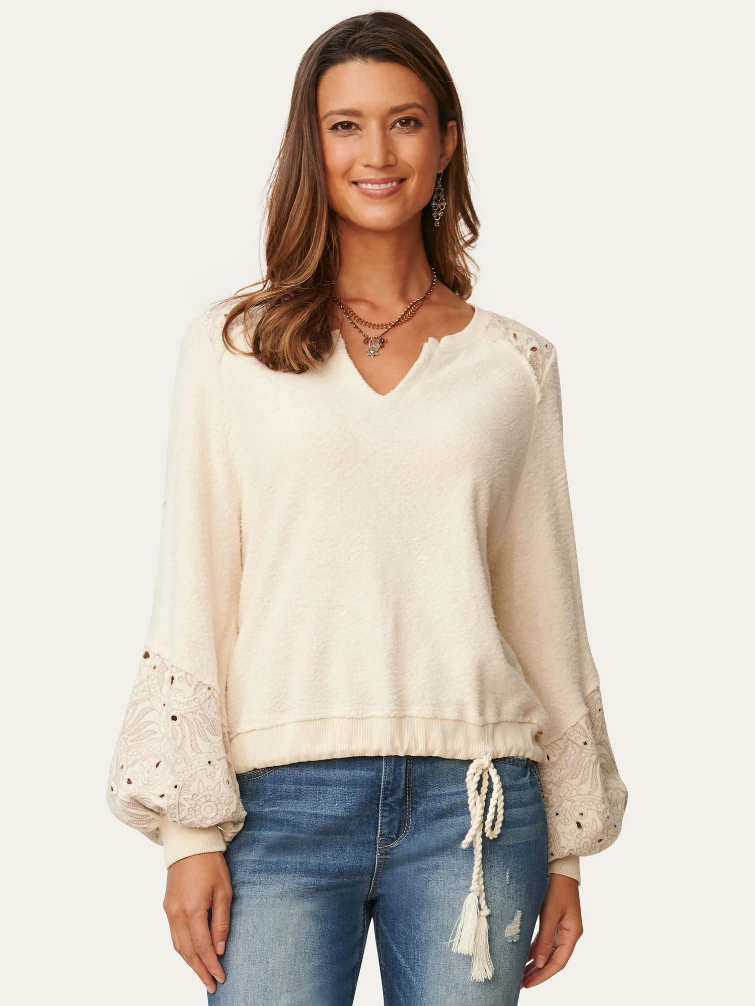 Long Blouson Sleeve Die Cut Embroidered Soft Sweatshirt