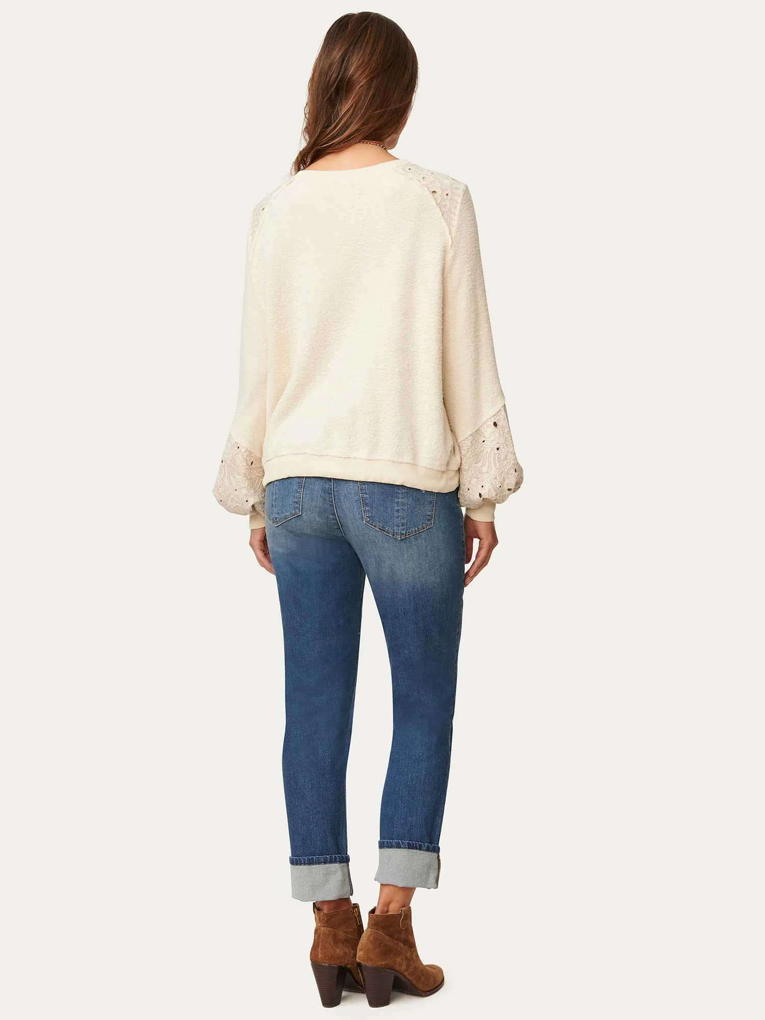 Long Blouson Sleeve Die Cut Embroidered Soft Sweatshirt