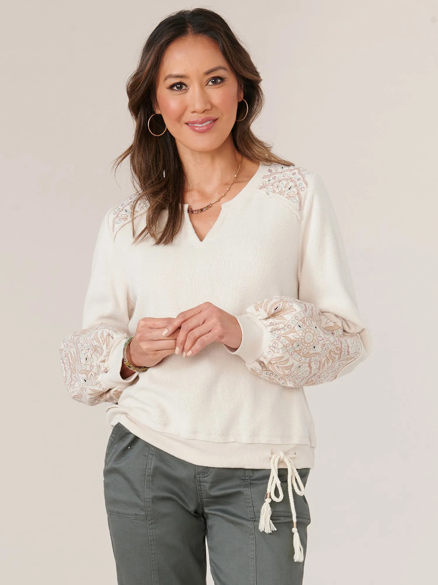 Long Blouson Sleeve Die Cut Embroidered Soft Sweatshirt