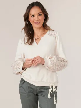 Long Blouson Sleeve Die Cut Embroidered Soft Sweatshirt