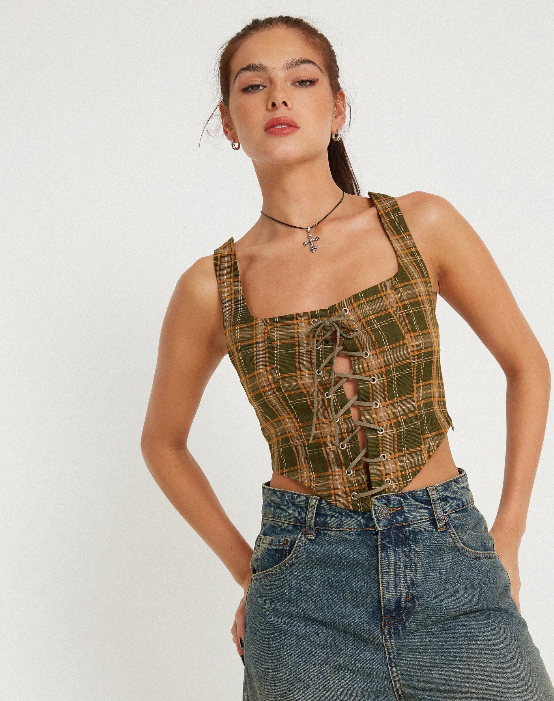 Milton Corset Top in Tartans Green Brown