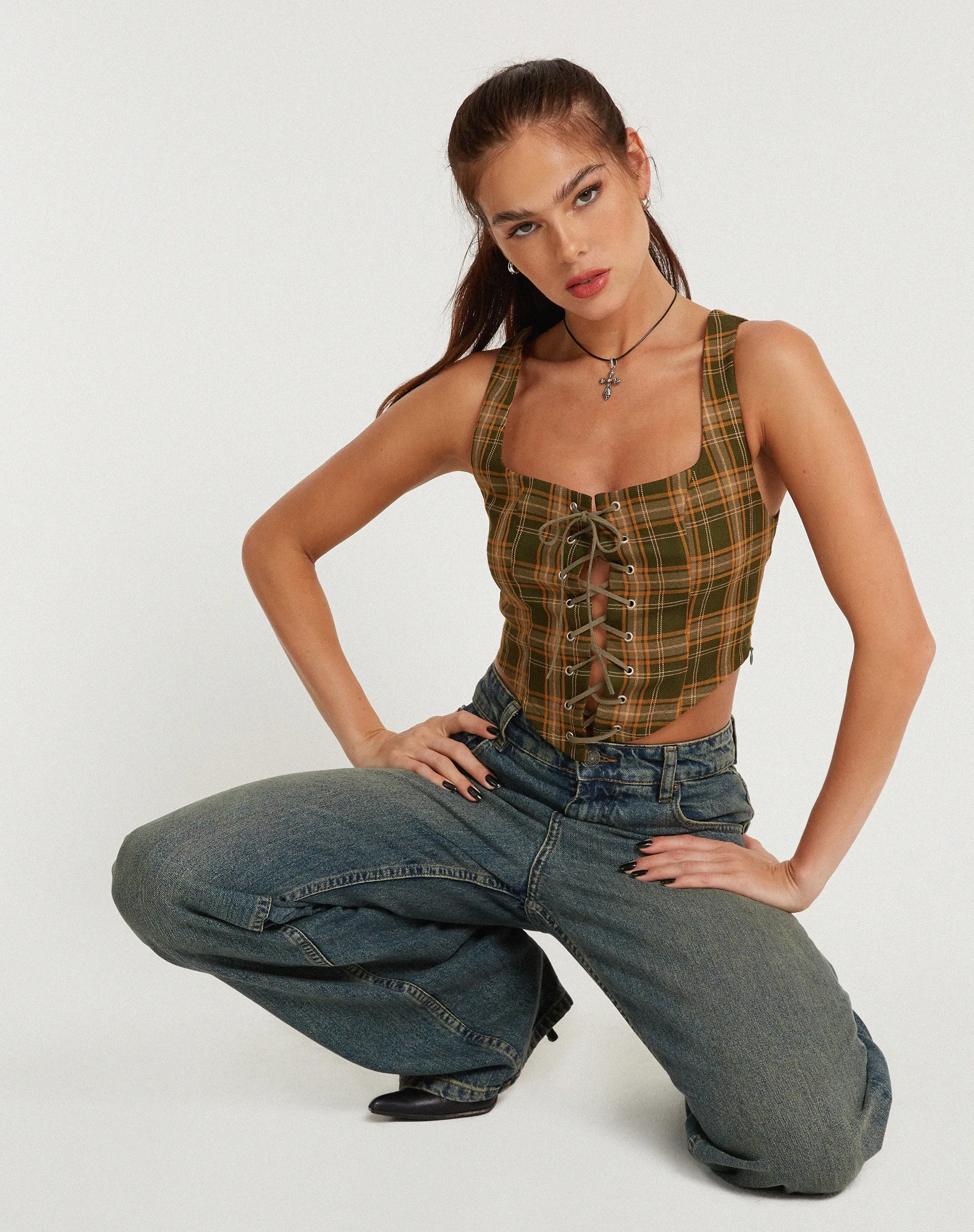Milton Corset Top in Tartans Green Brown