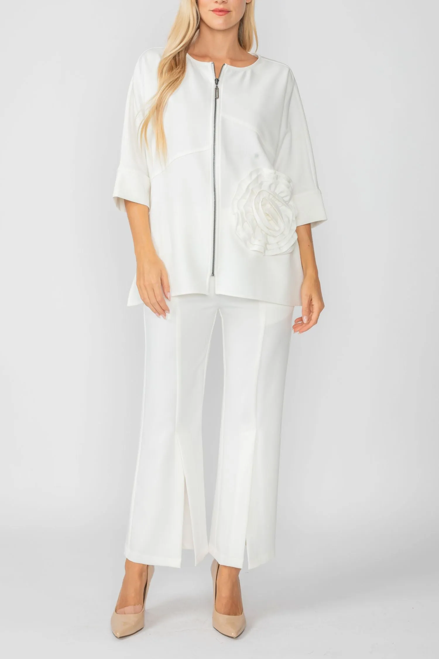 Off White Zip Up Tunic With Laser Cut