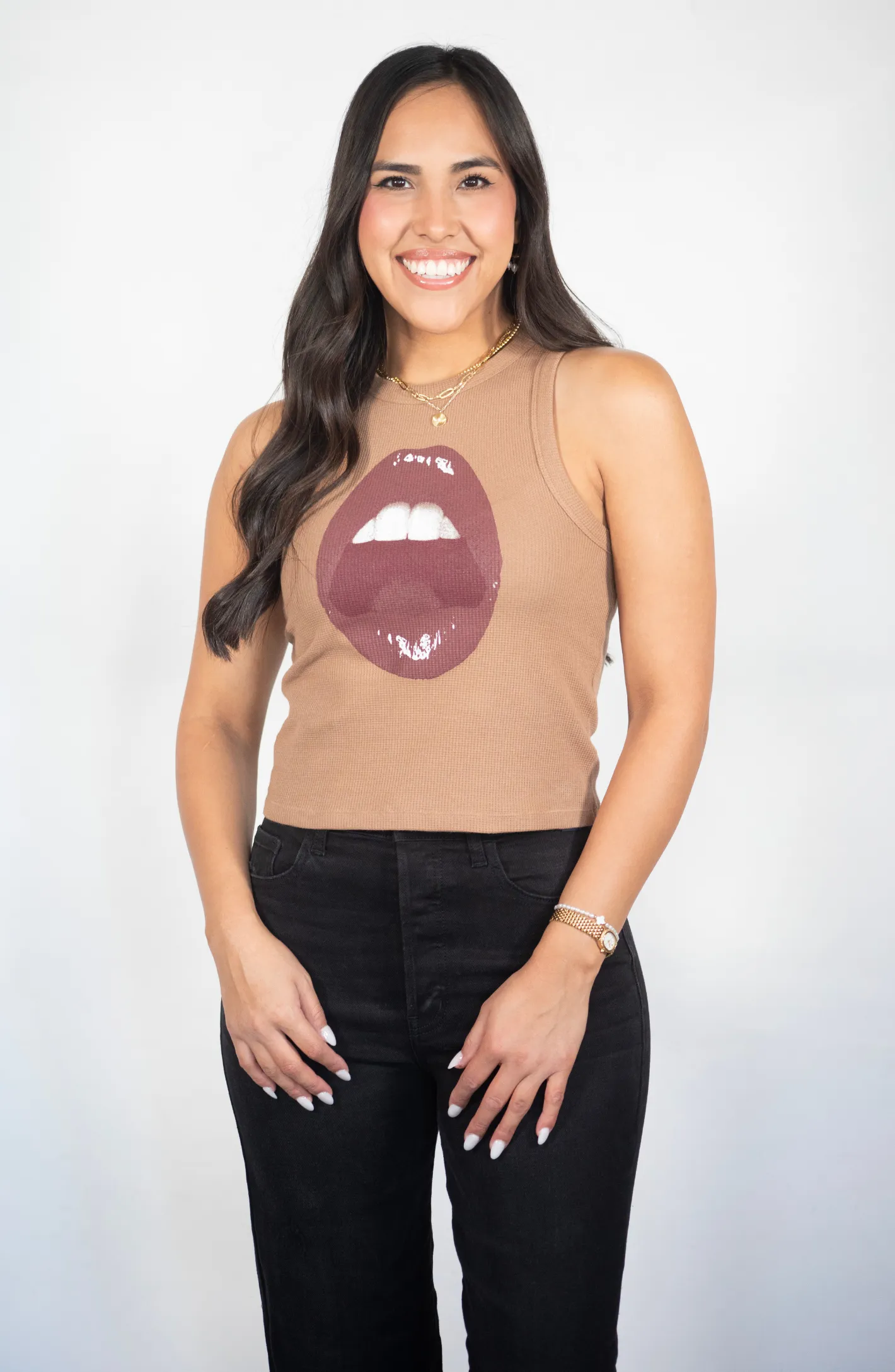 Open Mouth Brown Graphic Tank Top