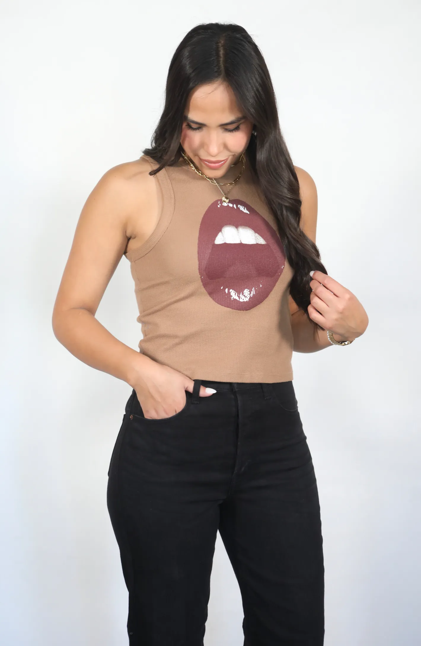 Open Mouth Brown Graphic Tank Top