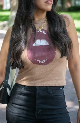Open Mouth Brown Graphic Tank Top