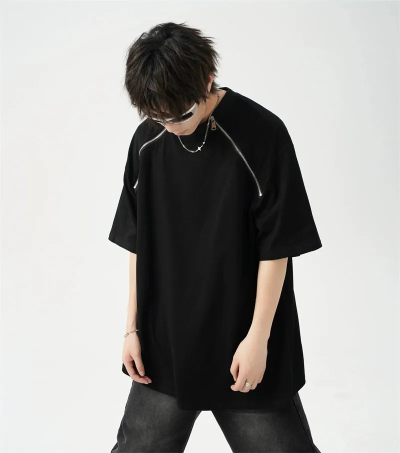Oversized Black T-Shirt with Zipper Shoulder Detail