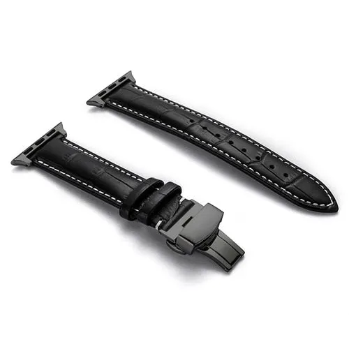 Premium Style Leather Strap with Metal Butterfly Clasp for Apple Watch