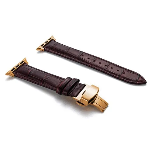 Premium Style Leather Strap with Metal Butterfly Clasp for Apple Watch