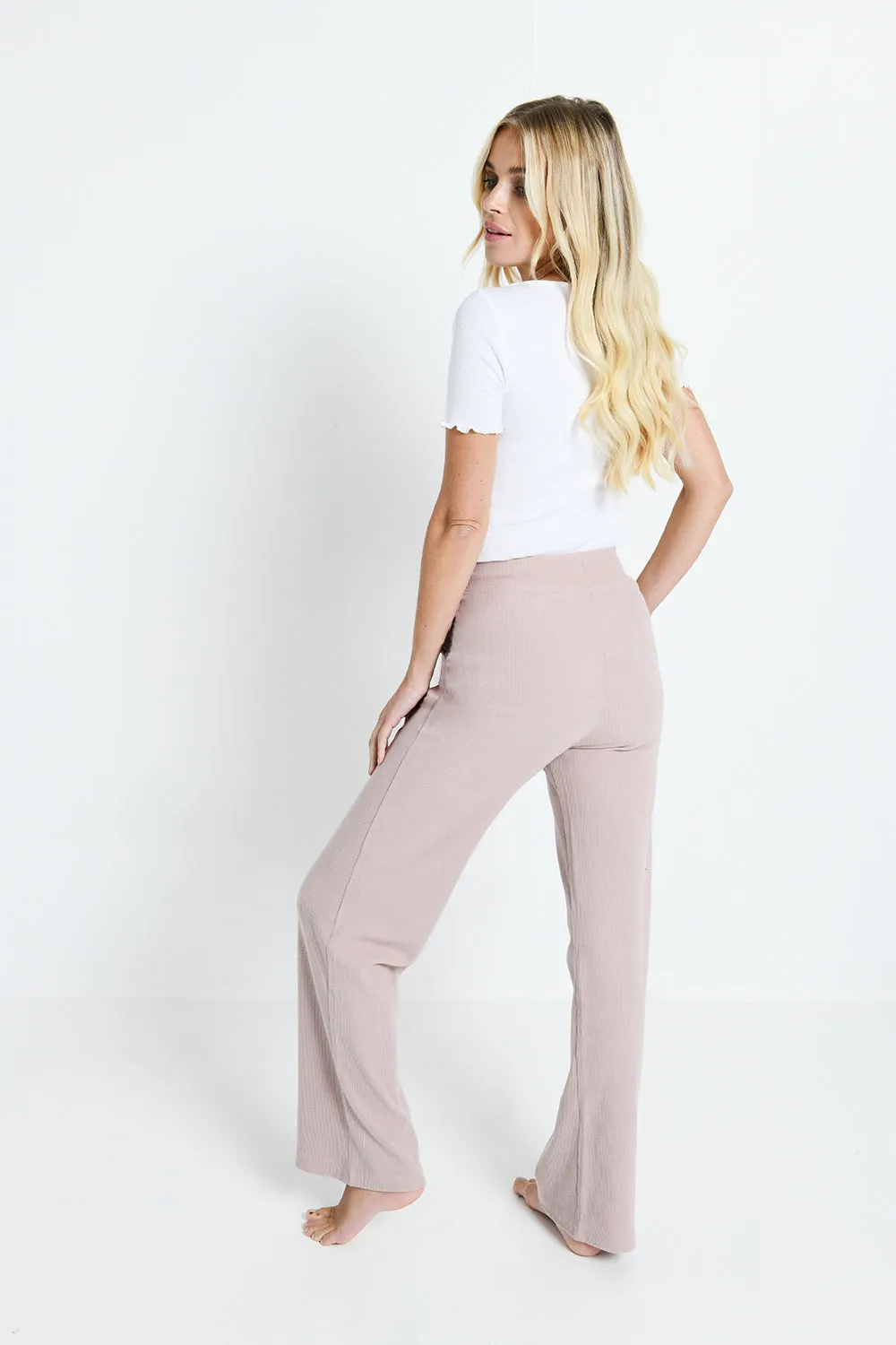 Ribbed Wide Leg Trousers - Pink