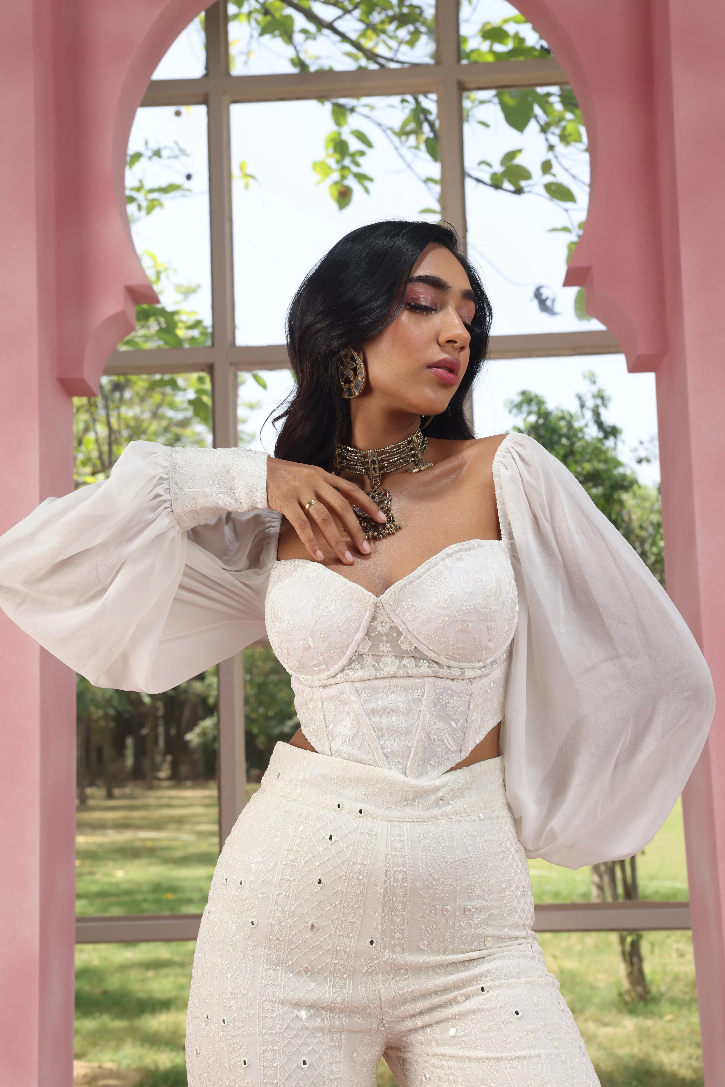 Ruhiya White Embroidered Georgette Corset Top