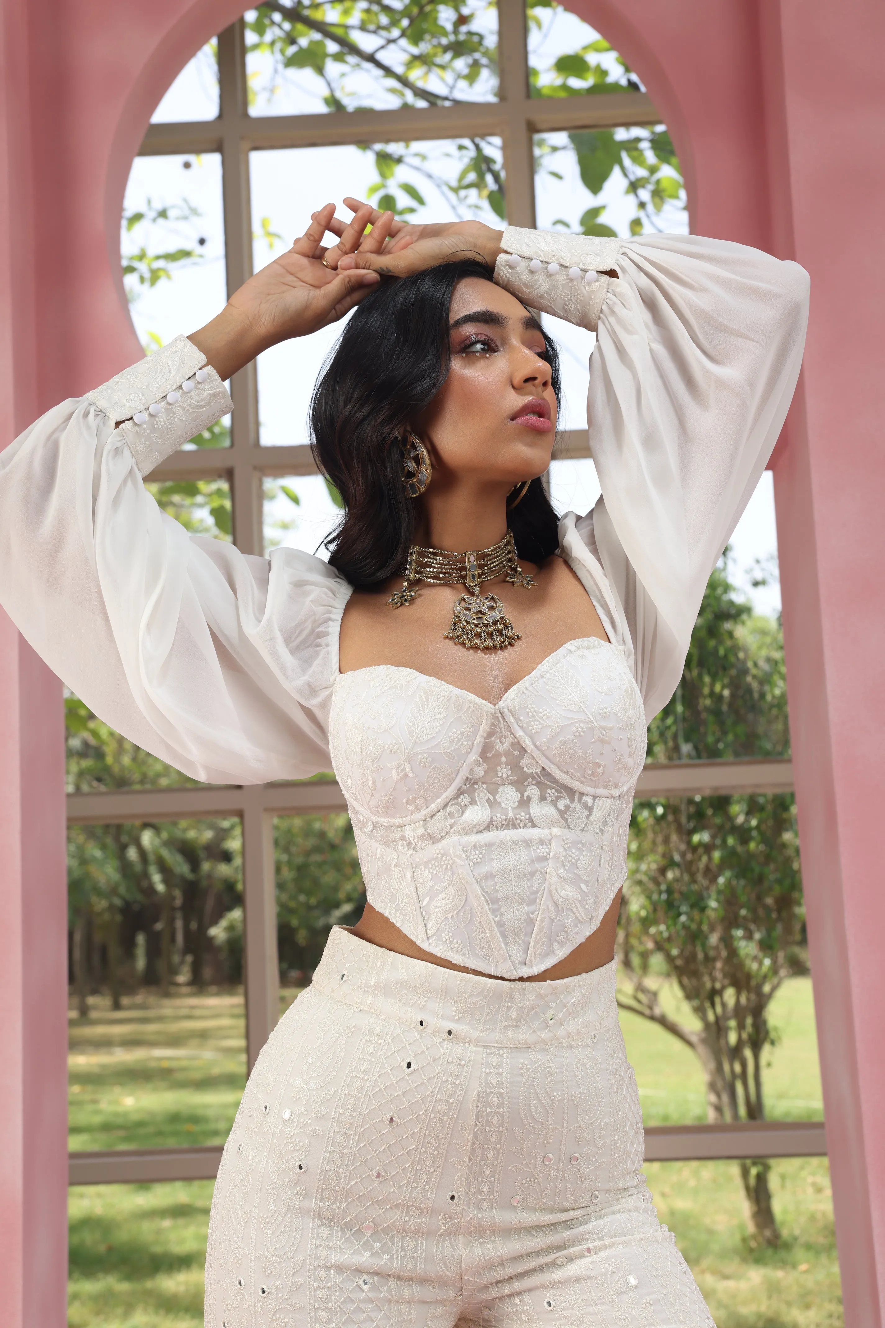 Ruhiya White Embroidered Georgette Corset Top