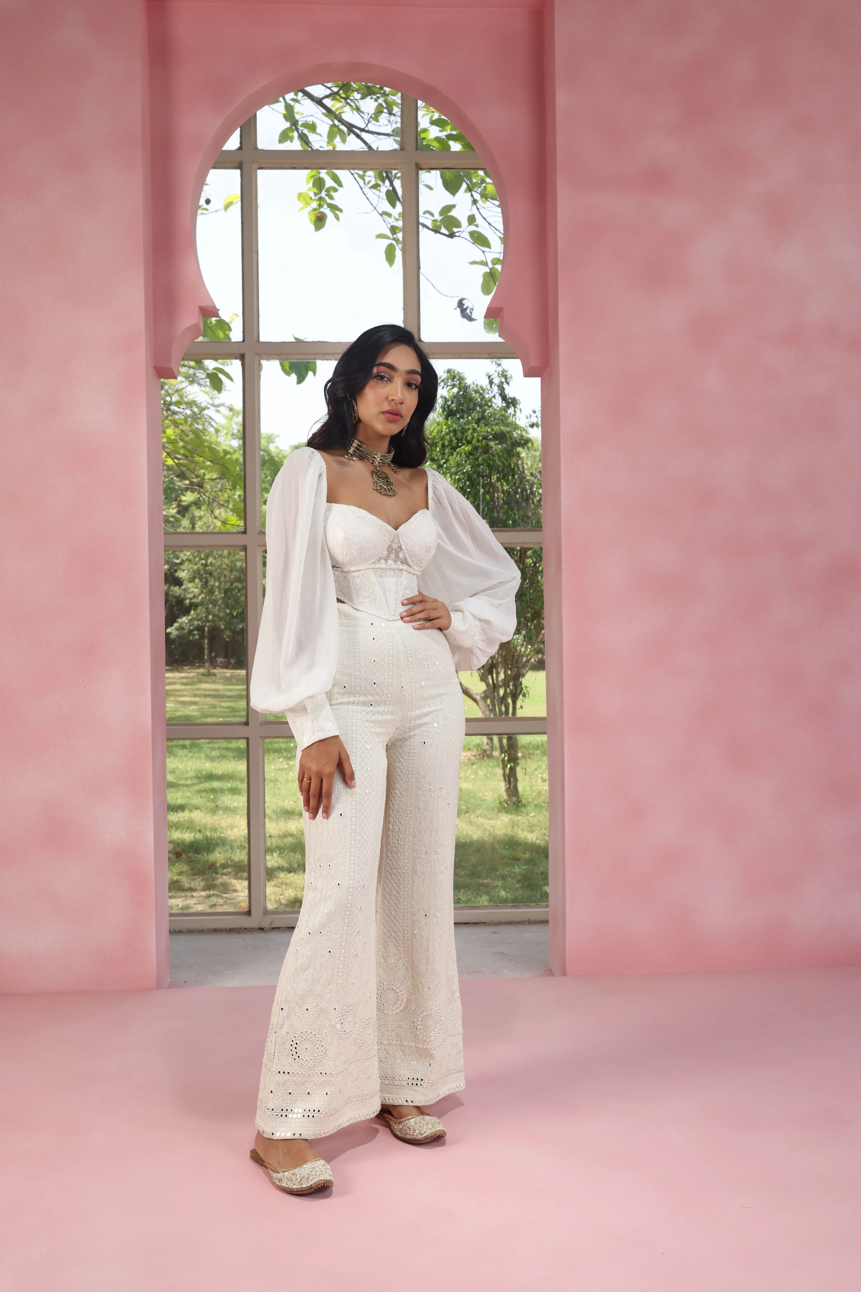 Ruhiya White Embroidered Georgette Corset Top