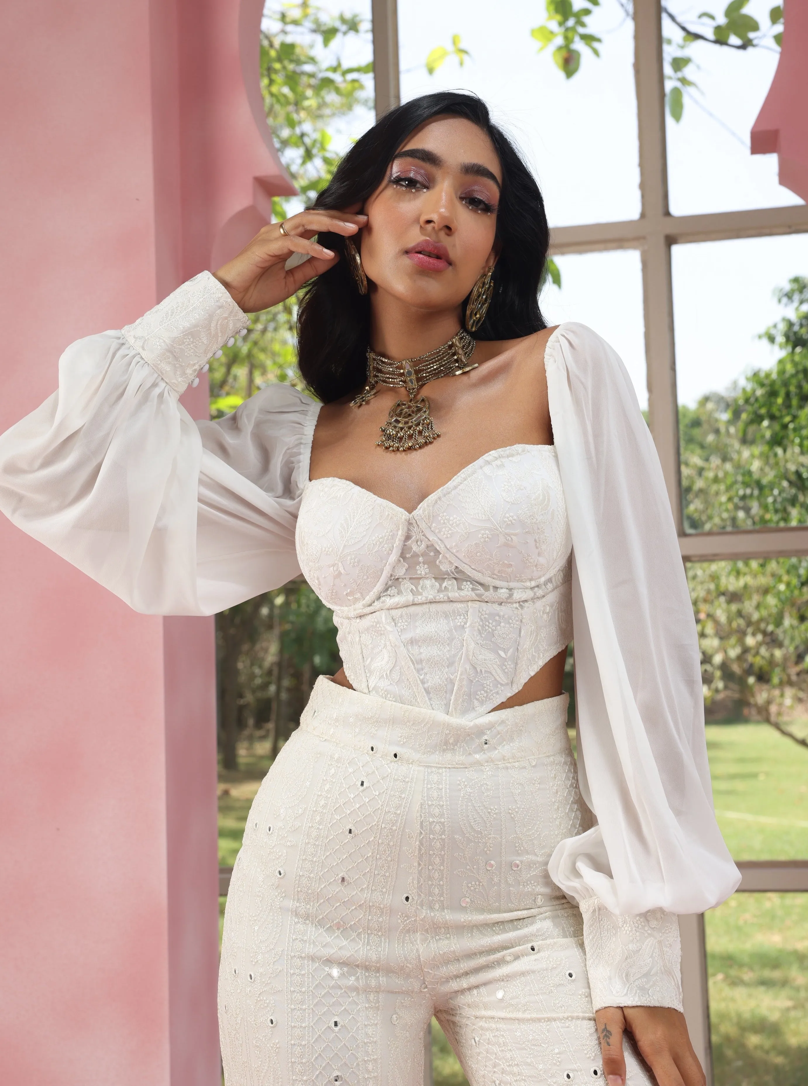 Ruhiya White Embroidered Georgette Corset Top