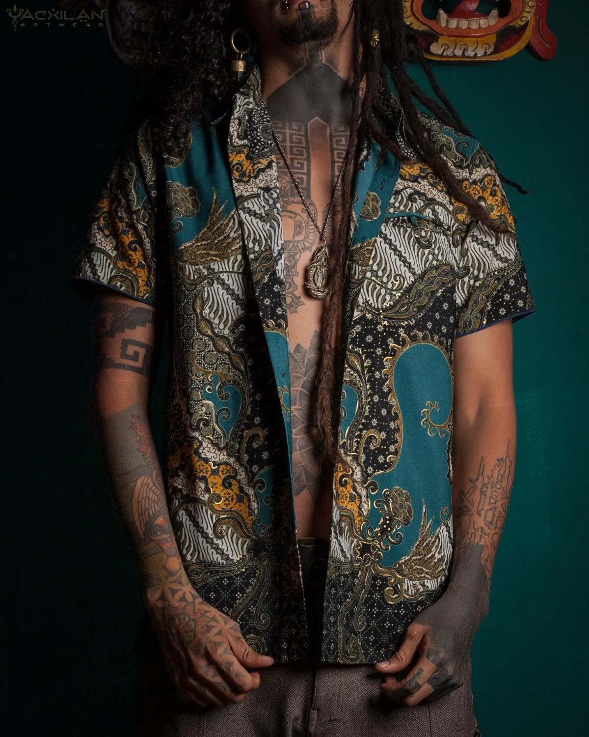 Shirt Men Half Sleeves / Cotton Printed- Teal BATIK