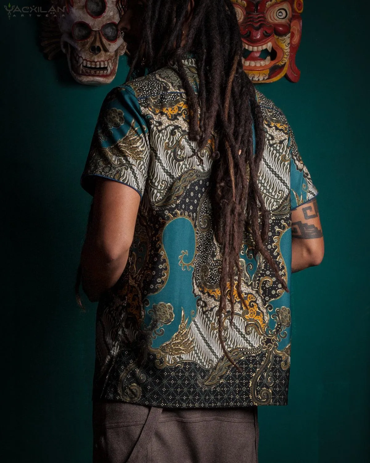 Shirt Men Half Sleeves / Cotton Printed- Teal BATIK