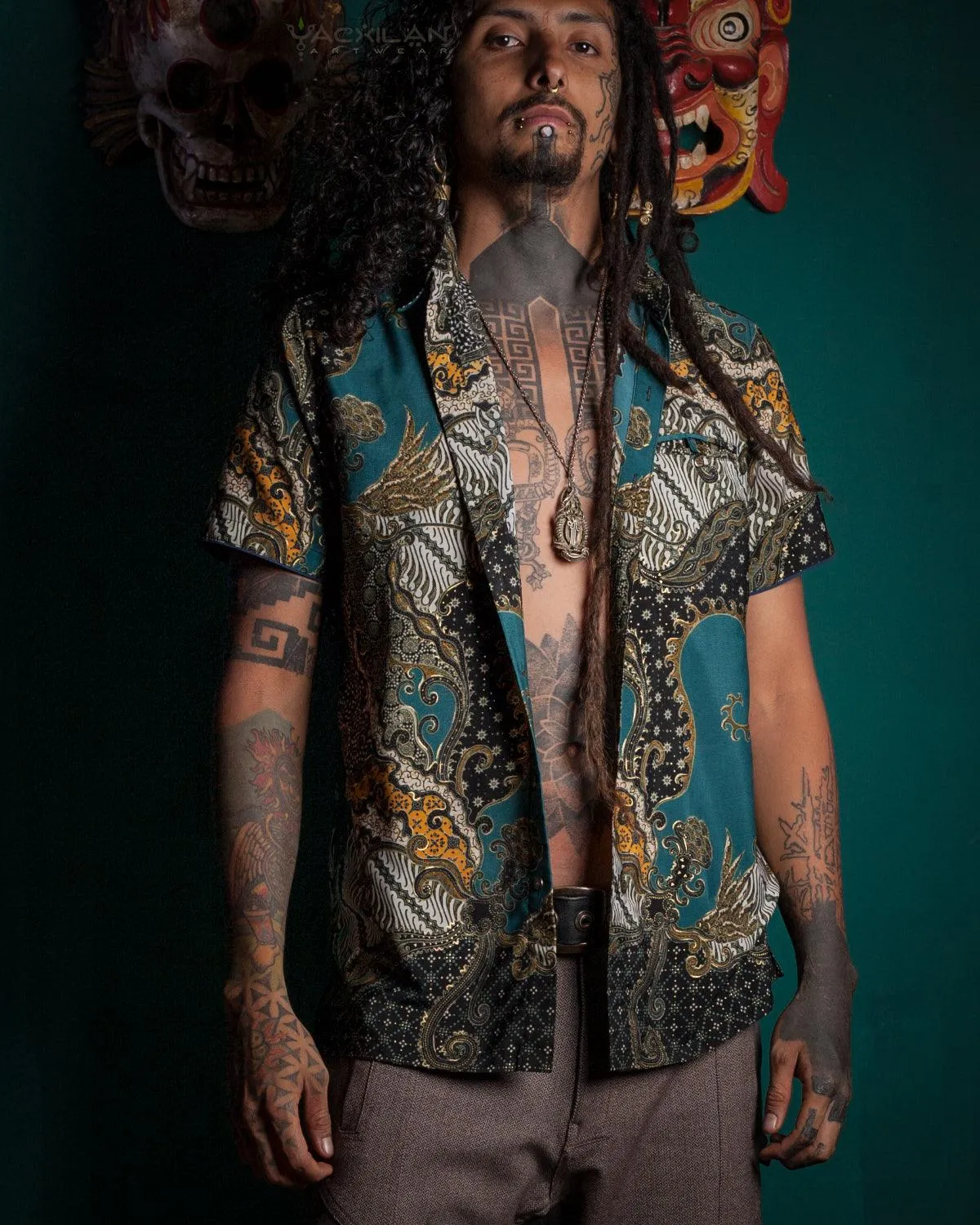 Shirt Men Half Sleeves / Cotton Printed- Teal BATIK