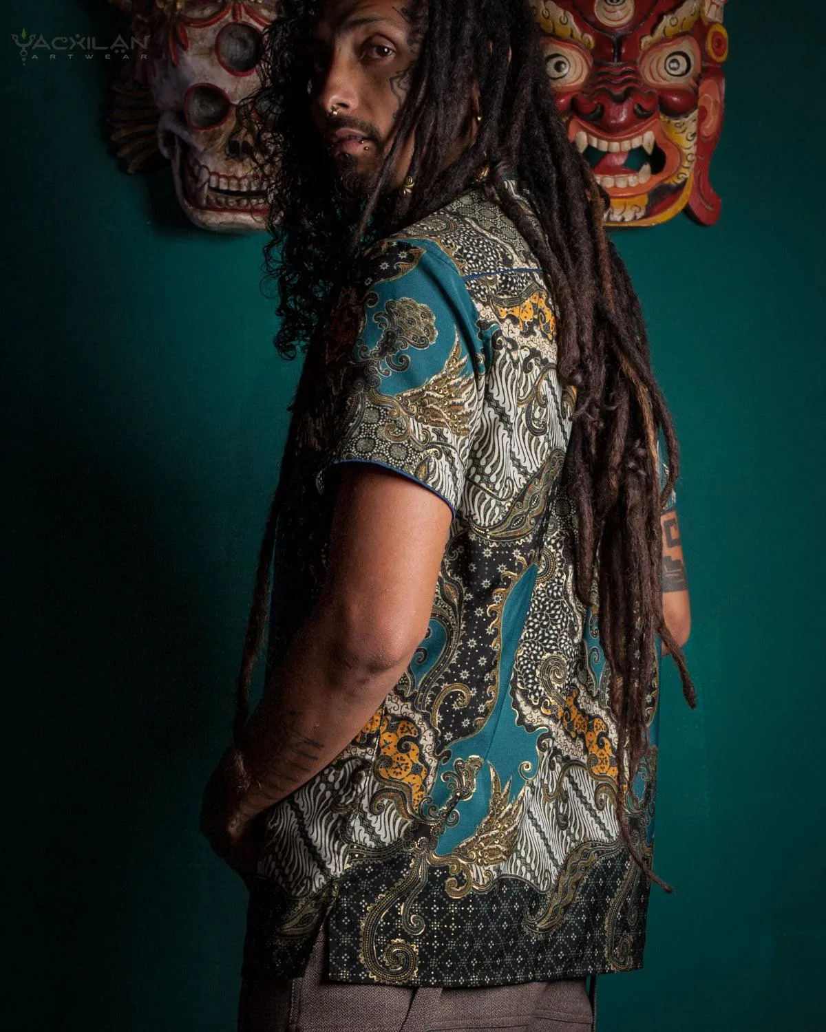 Shirt Men Half Sleeves / Cotton Printed- Teal BATIK
