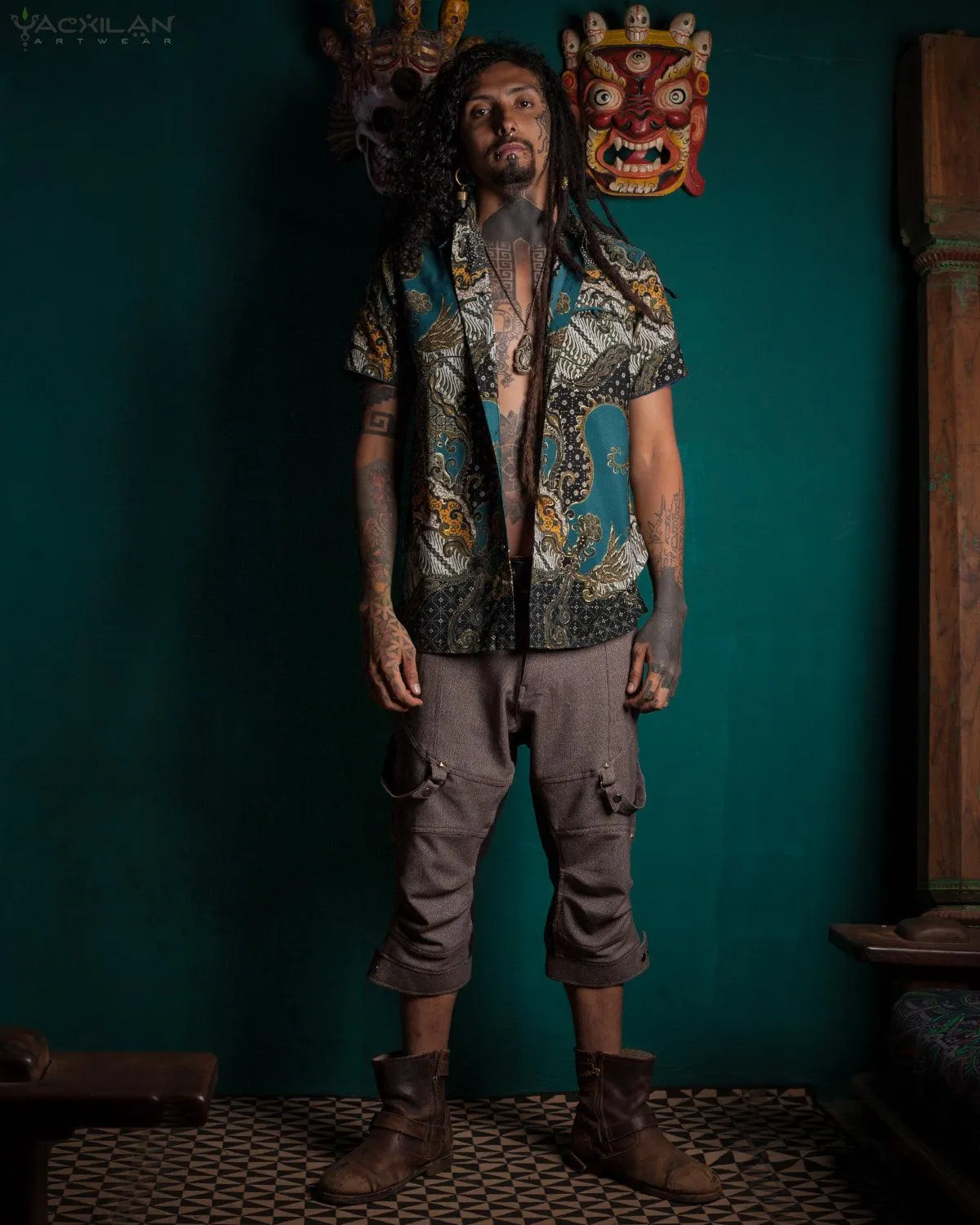 Shirt Men Half Sleeves / Cotton Printed- Teal BATIK