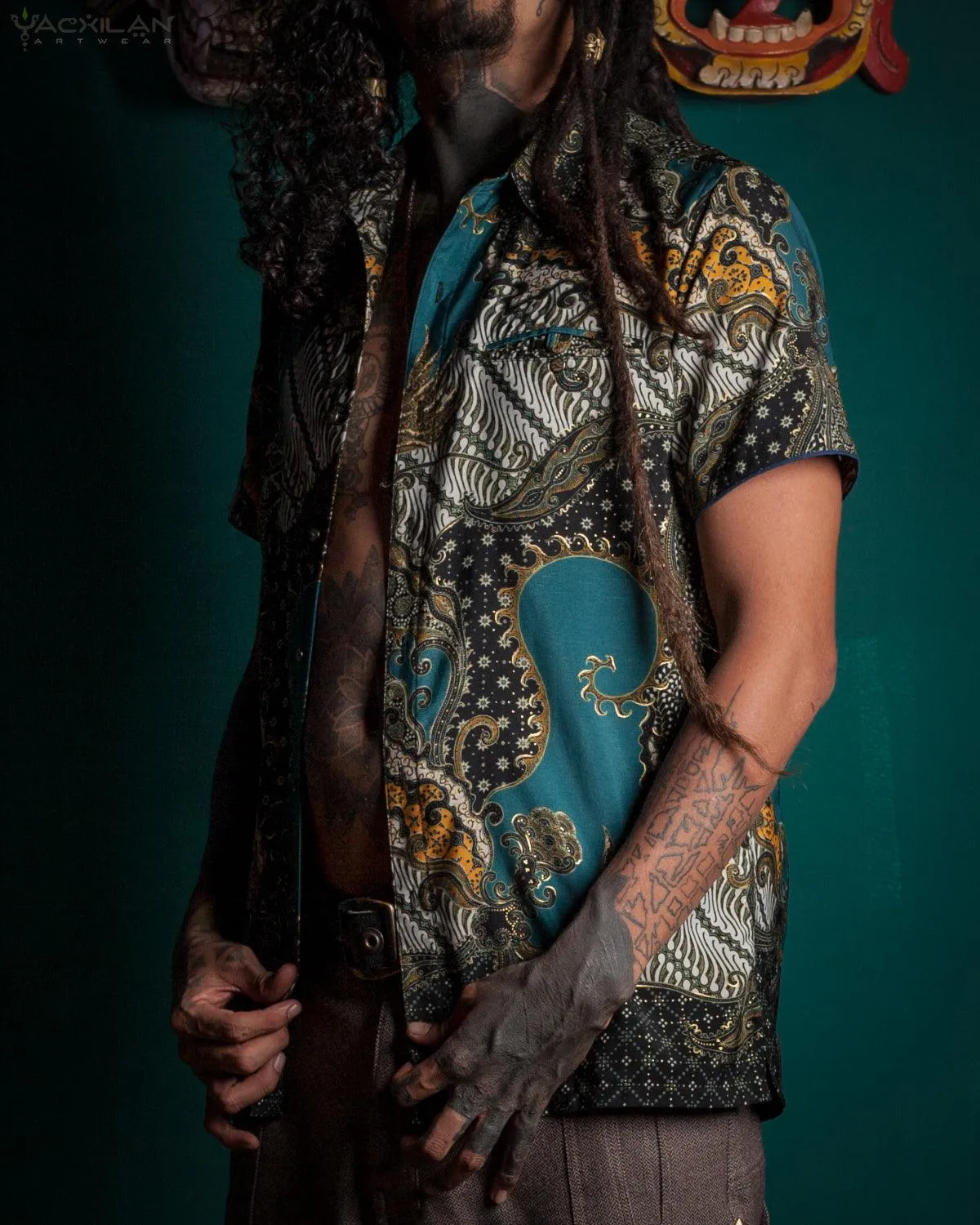 Shirt Men Half Sleeves / Cotton Printed- Teal BATIK