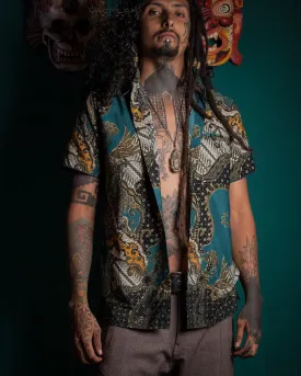 Shirt Men Half Sleeves / Cotton Printed- Teal BATIK