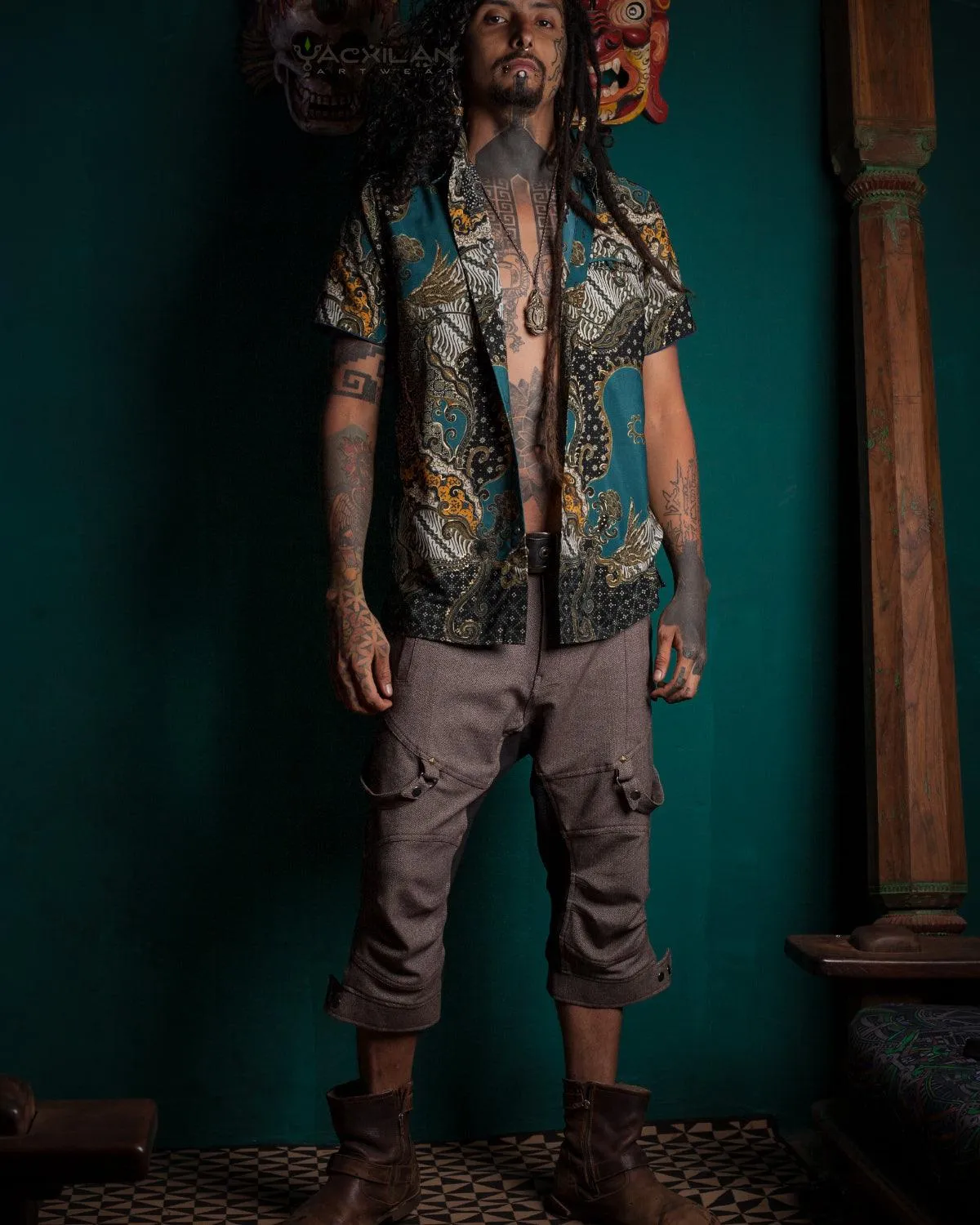 Shirt Men Half Sleeves / Cotton Printed- Teal BATIK