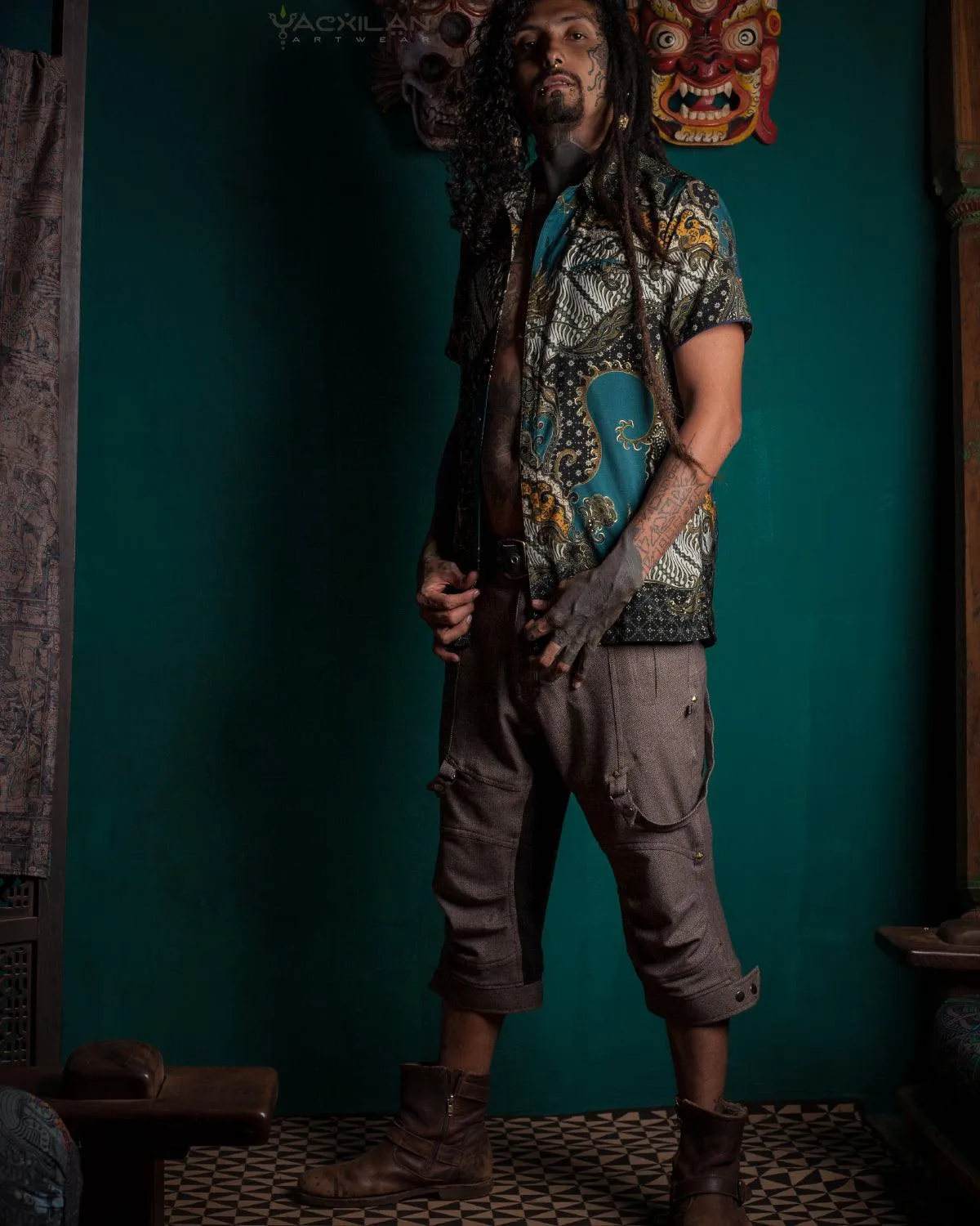 Shirt Men Half Sleeves / Cotton Printed- Teal BATIK