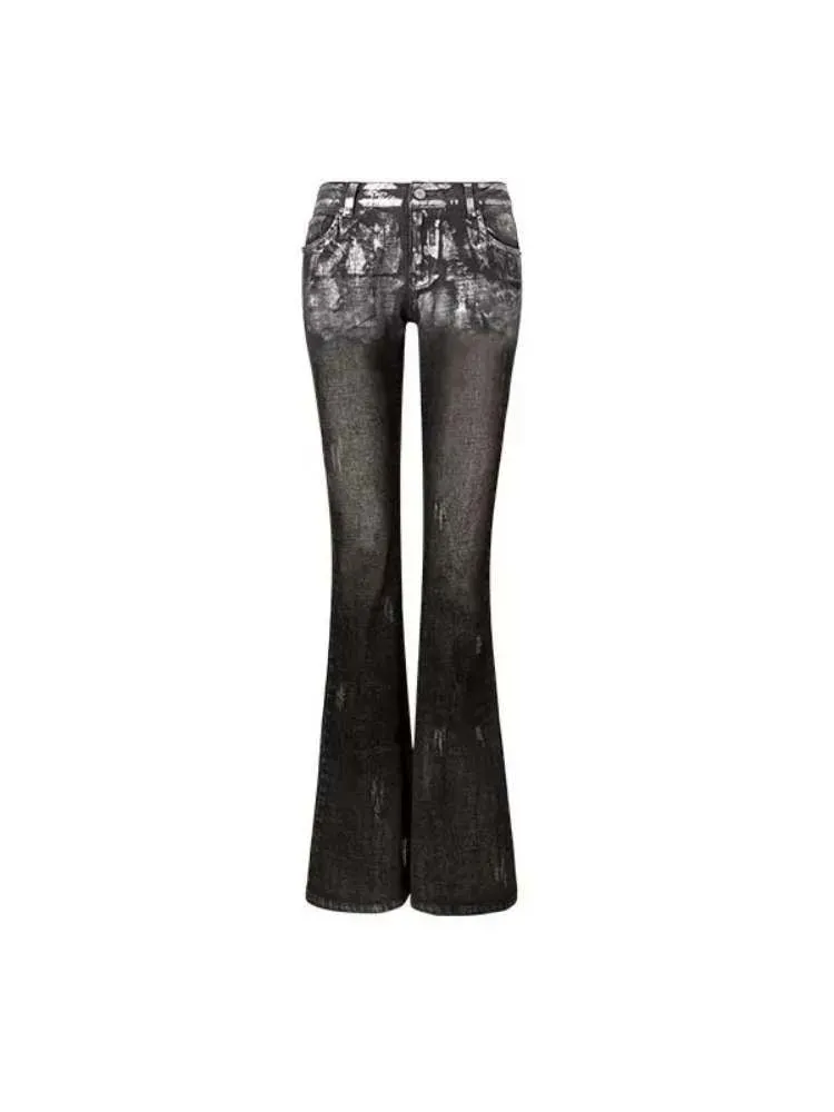 Silver Embroidery Distressed Low Waist Slim Flare Jeans【s0000009150】