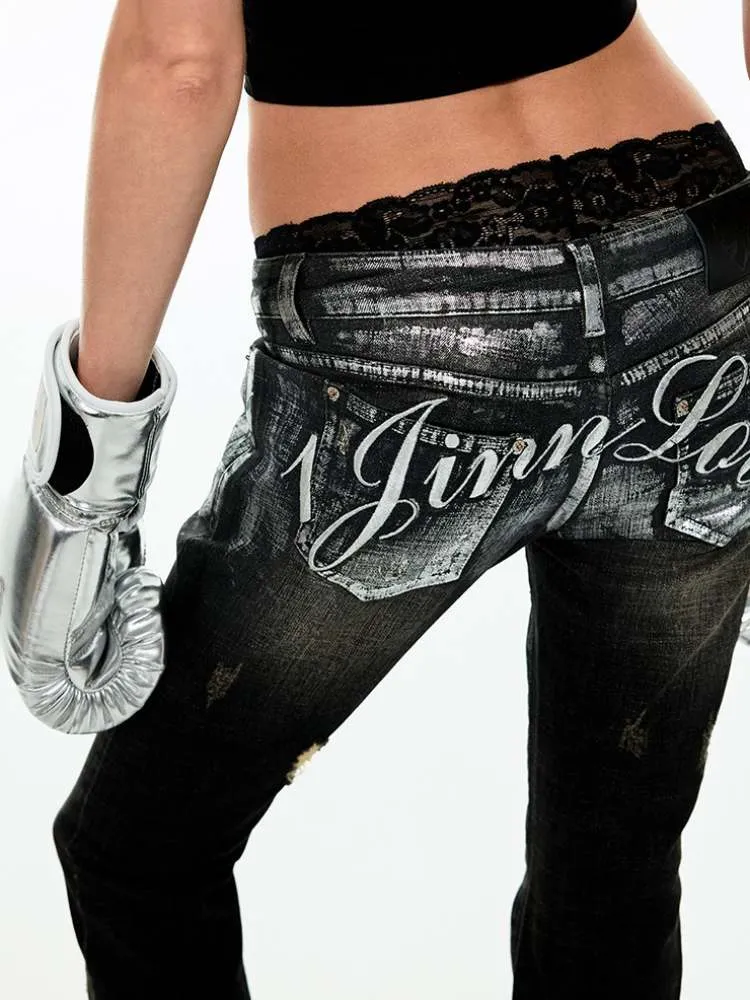 Silver Embroidery Distressed Low Waist Slim Flare Jeans【s0000009150】