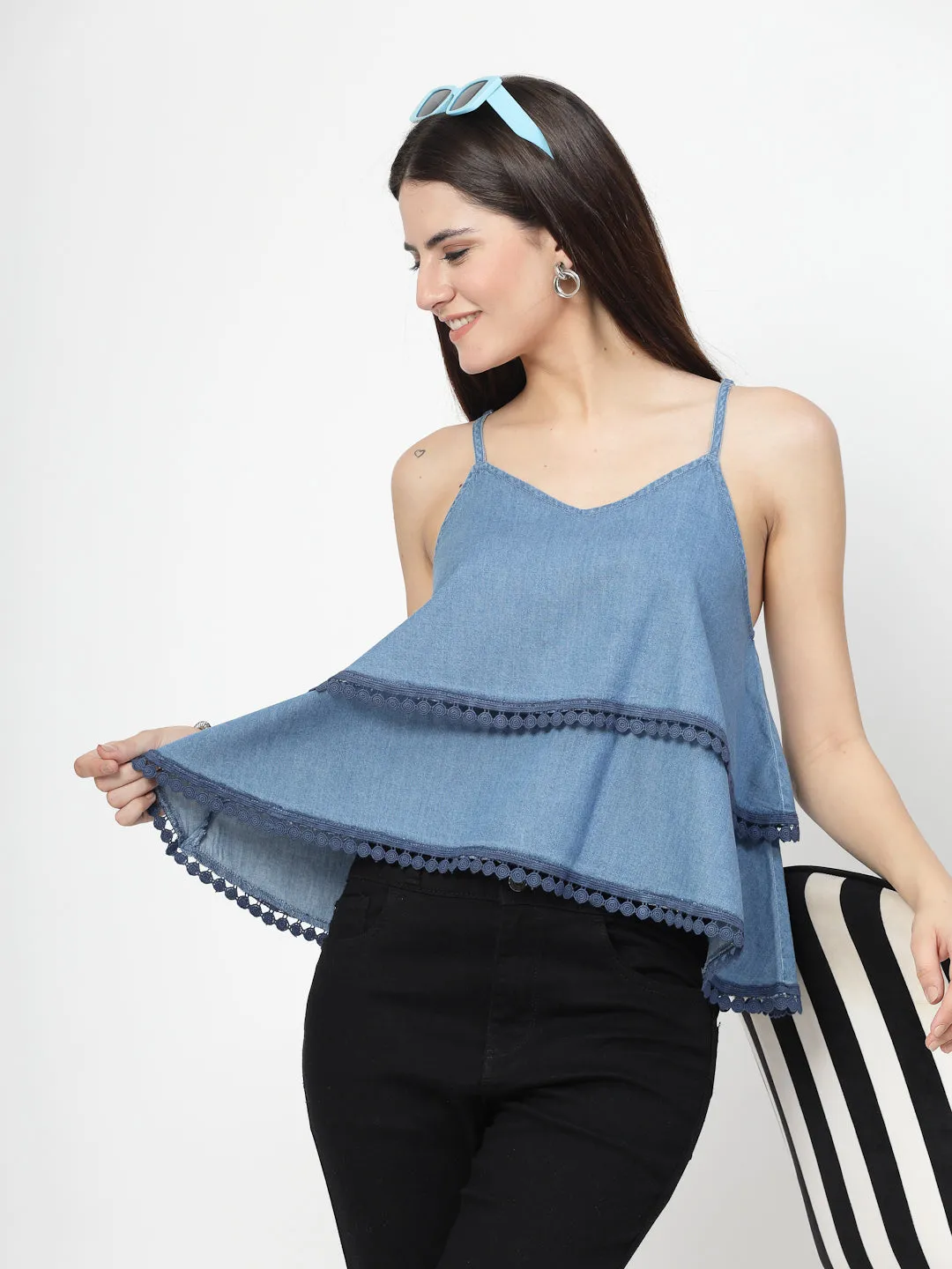 Solid Blue Cotton Blend Layered Top With Lace