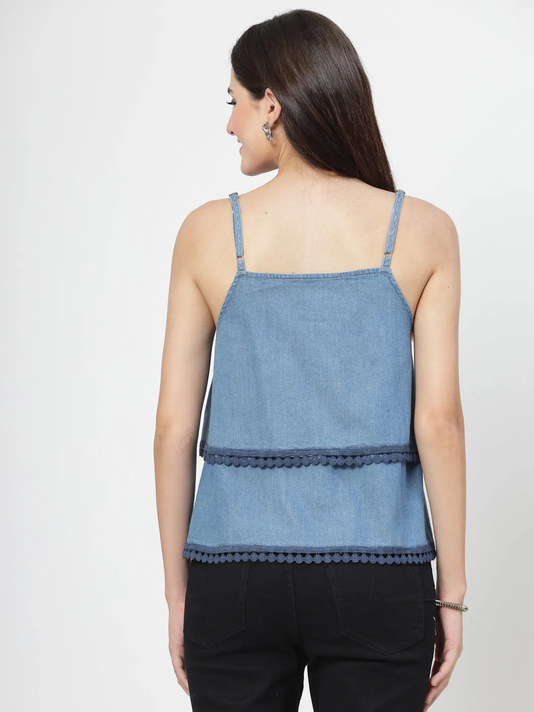 Solid Blue Cotton Blend Layered Top With Lace