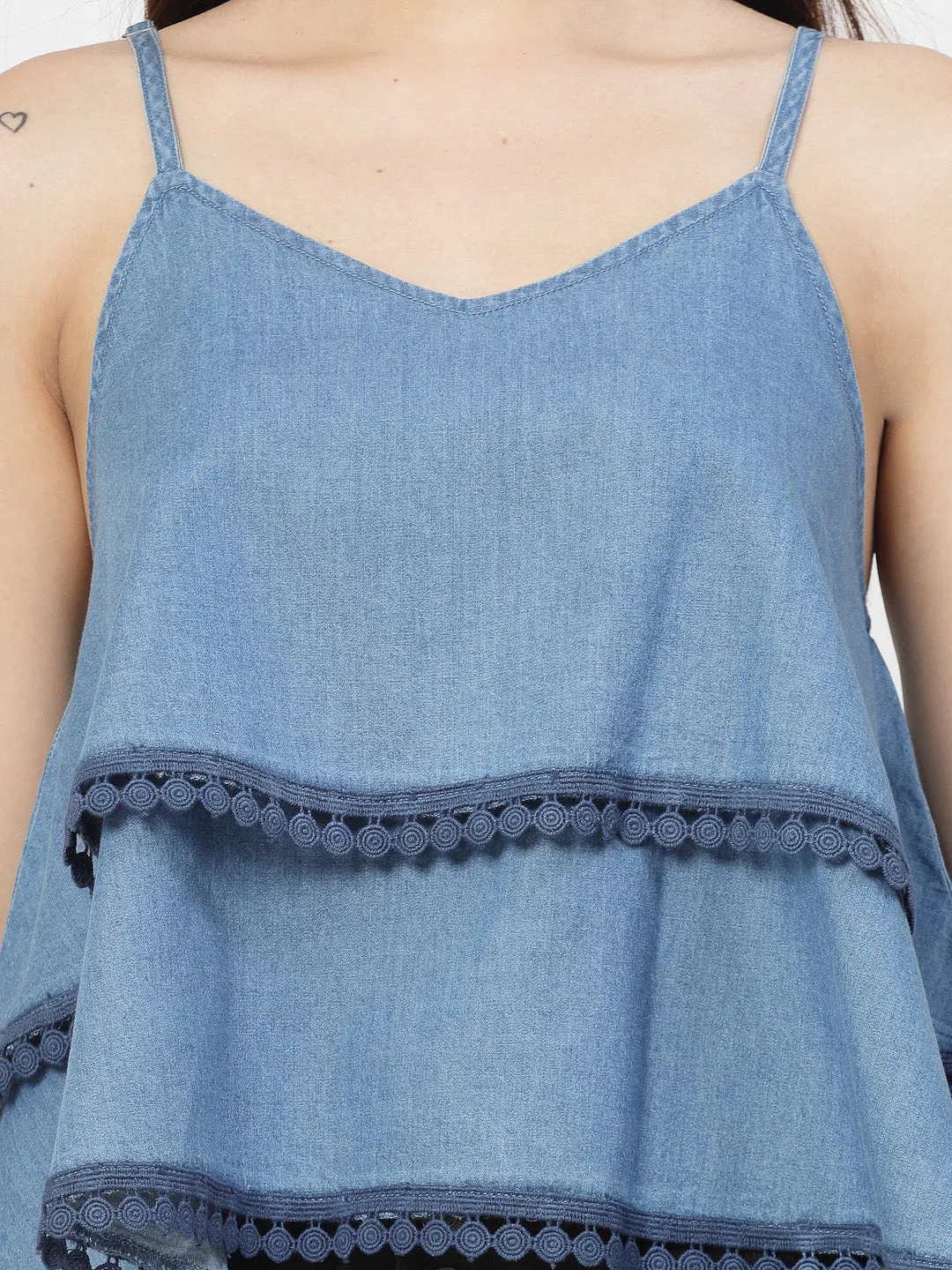 Solid Blue Cotton Blend Layered Top With Lace