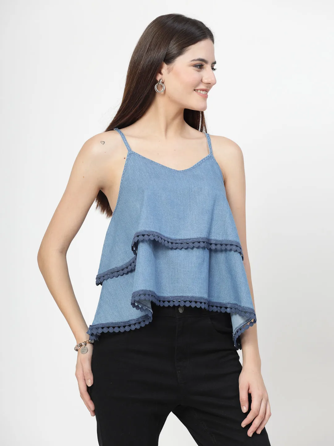 Solid Blue Cotton Blend Layered Top With Lace