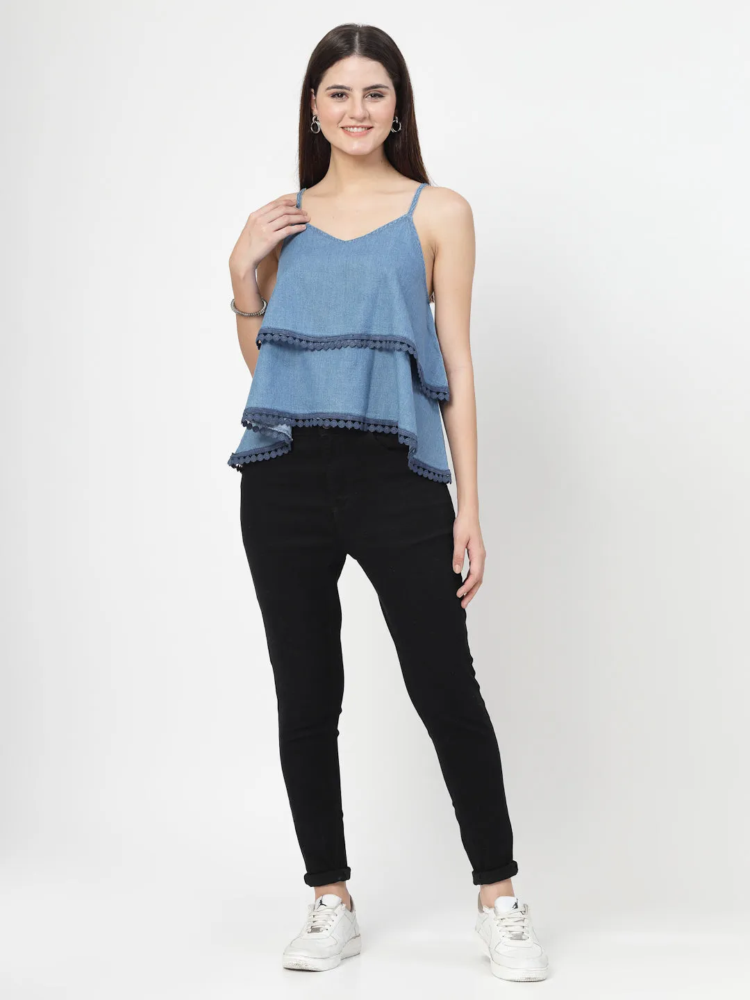 Solid Blue Cotton Blend Layered Top With Lace