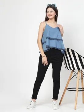 Solid Blue Cotton Blend Layered Top With Lace