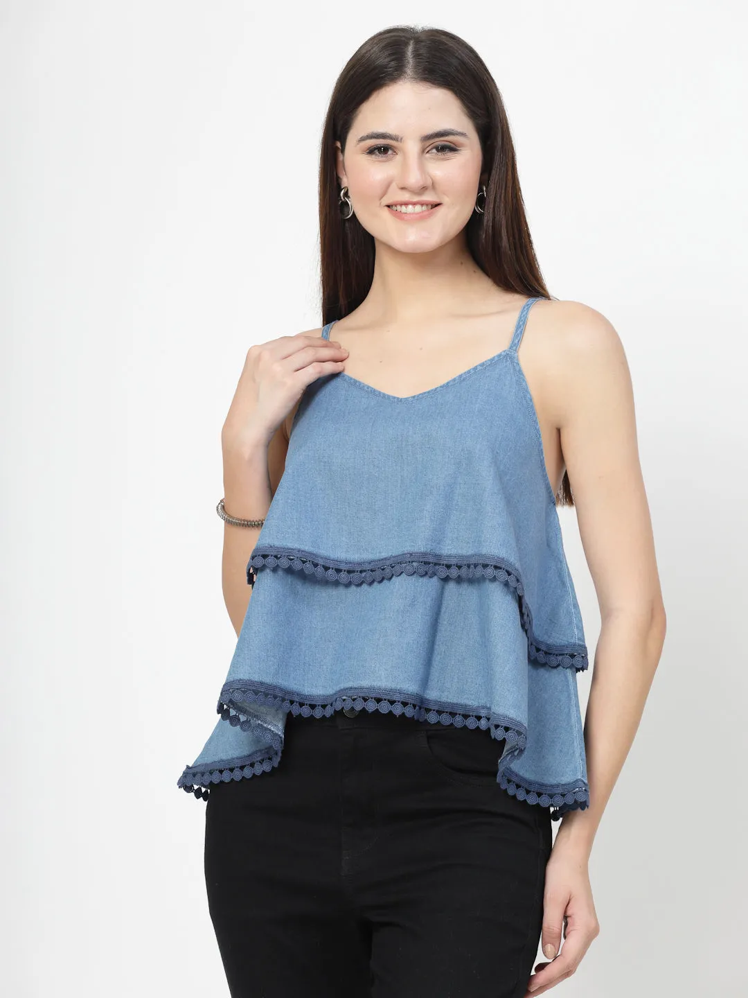 Solid Blue Cotton Blend Layered Top With Lace