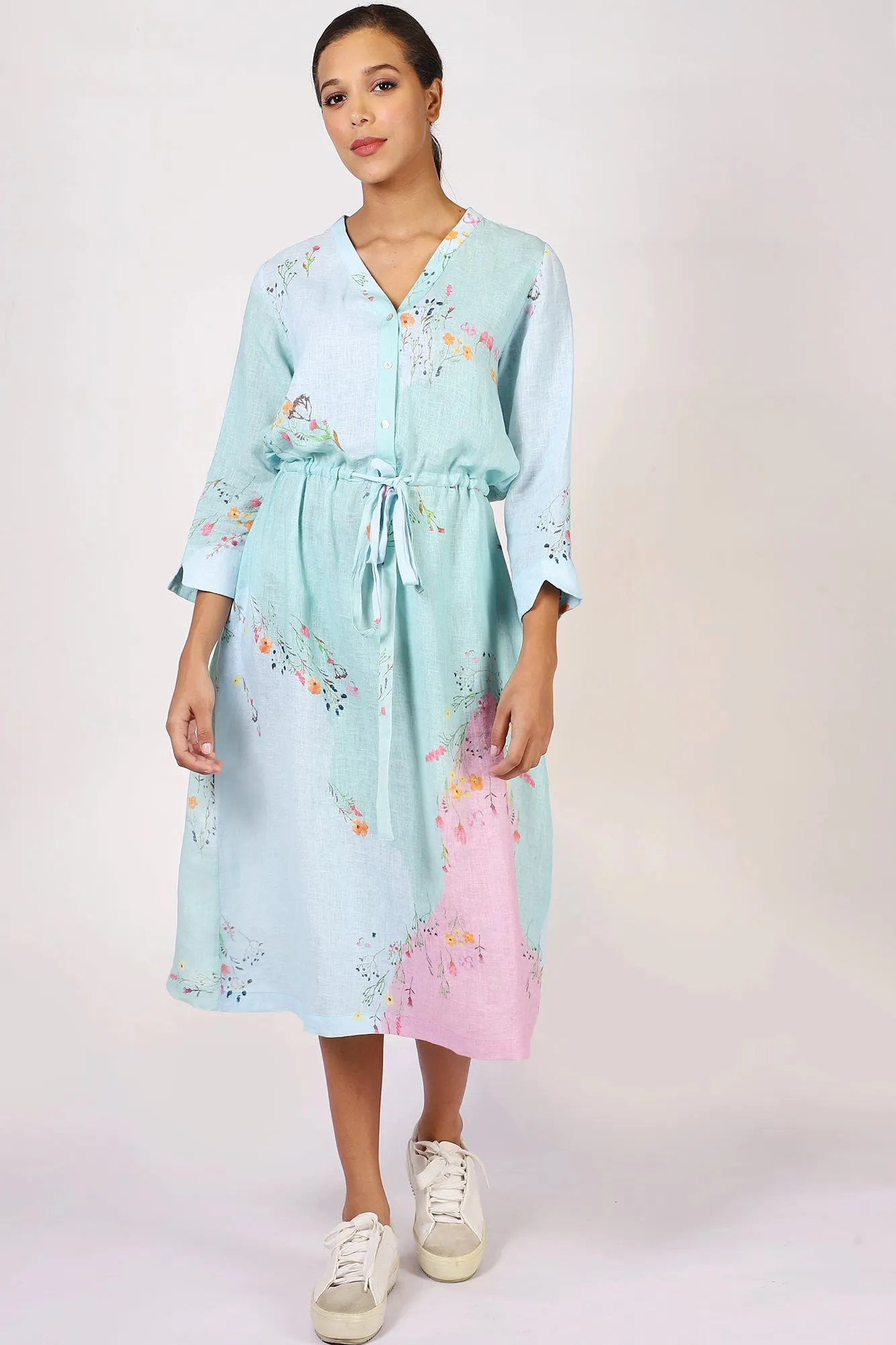 Turquoise Floral Linen Dress