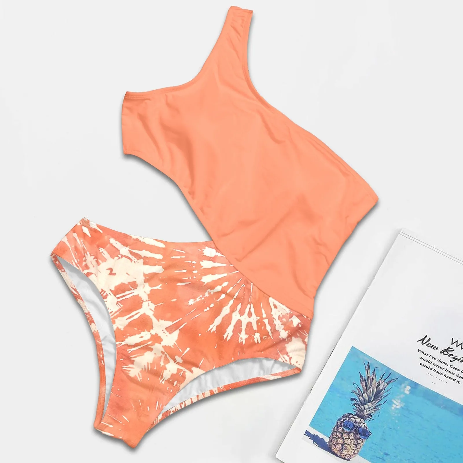 Vampire Art Chic Cutout One-Shoulder One Piece Swimsuit - Coral Batik with Plain Coral Top