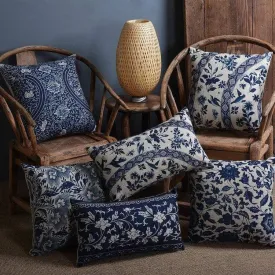 Vintage Blue And White Porcelain Printed Cushion Cover