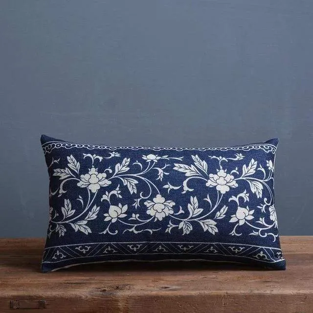 Vintage Blue And White Porcelain Printed Cushion Cover