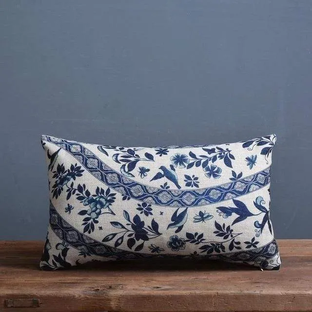 Vintage Blue And White Porcelain Printed Cushion Cover